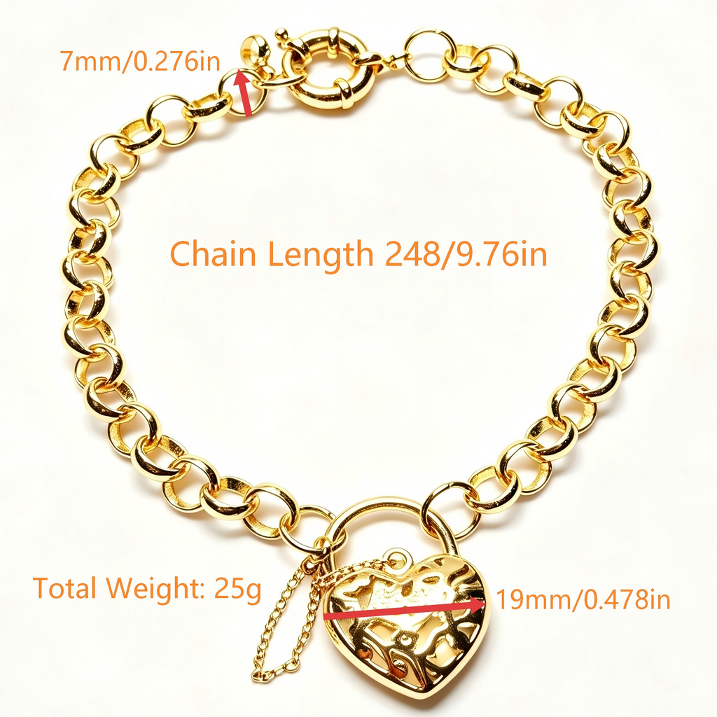 Heart Lock Charm Bracelet, Chunky Belcher Chain, Gold / Silver / Rose Gold