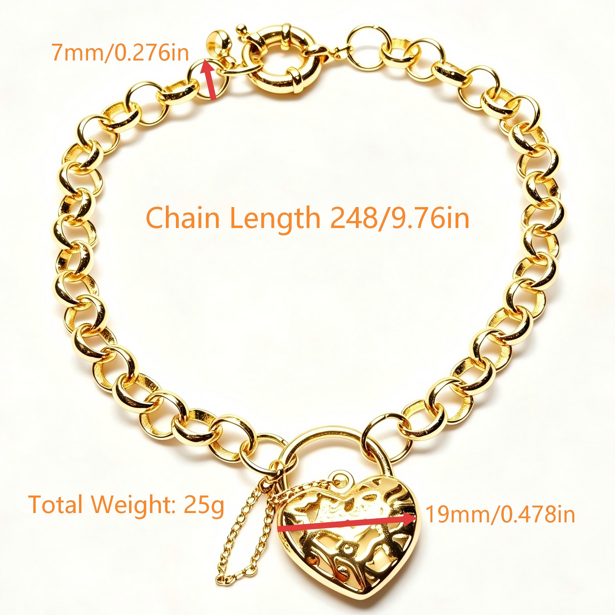 Heart Lock Charm Bracelet, Chunky Belcher Chain, Gold / Silver / Rose Gold