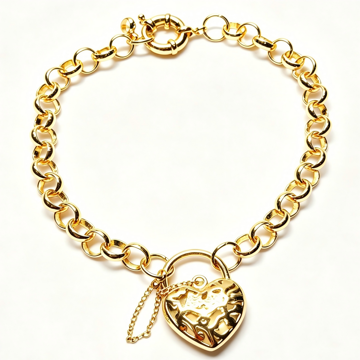 Heart Lock Charm Bracelet, Chunky Belcher Chain, Gold / Silver / Rose Gold