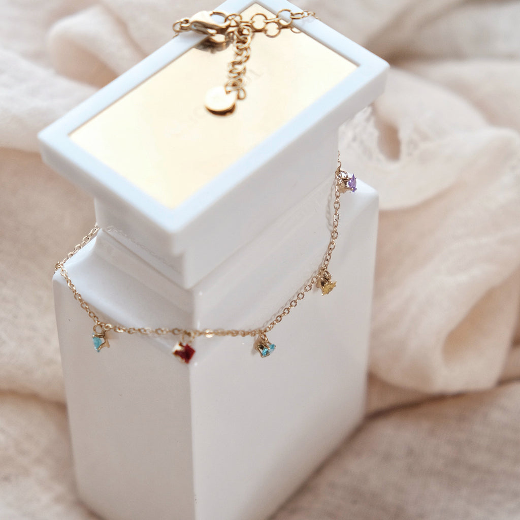 Rainbow CZ Charm Bracelet, Colourful Crystal Drops on Gold Chain