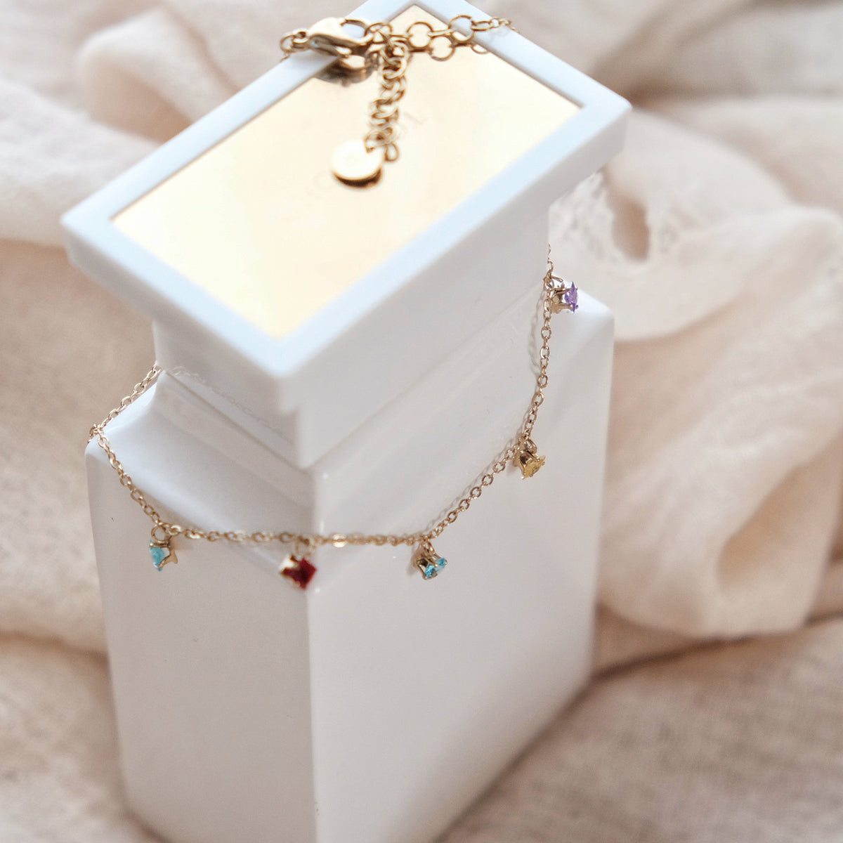 Rainbow CZ Charm Bracelet, Colourful Crystal Drops on Gold Chain