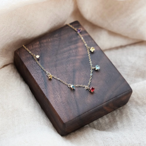 Rainbow CZ Charm Bracelet, Colourful Crystal Drops on Gold Chain