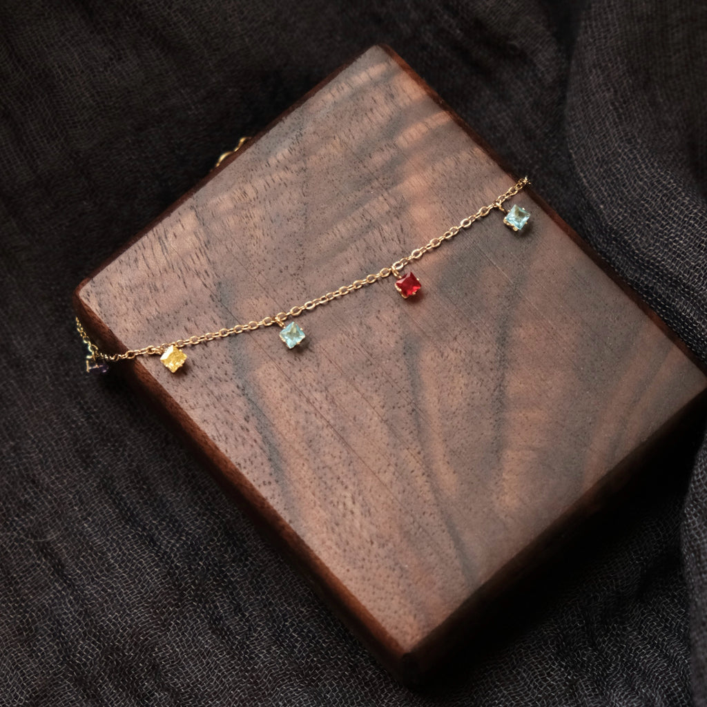 Rainbow CZ Charm Bracelet, Colourful Crystal Drops on Gold Chain