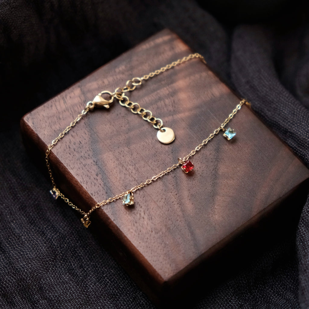 Rainbow CZ Charm Bracelet, Colourful Crystal Drops on Gold Chain