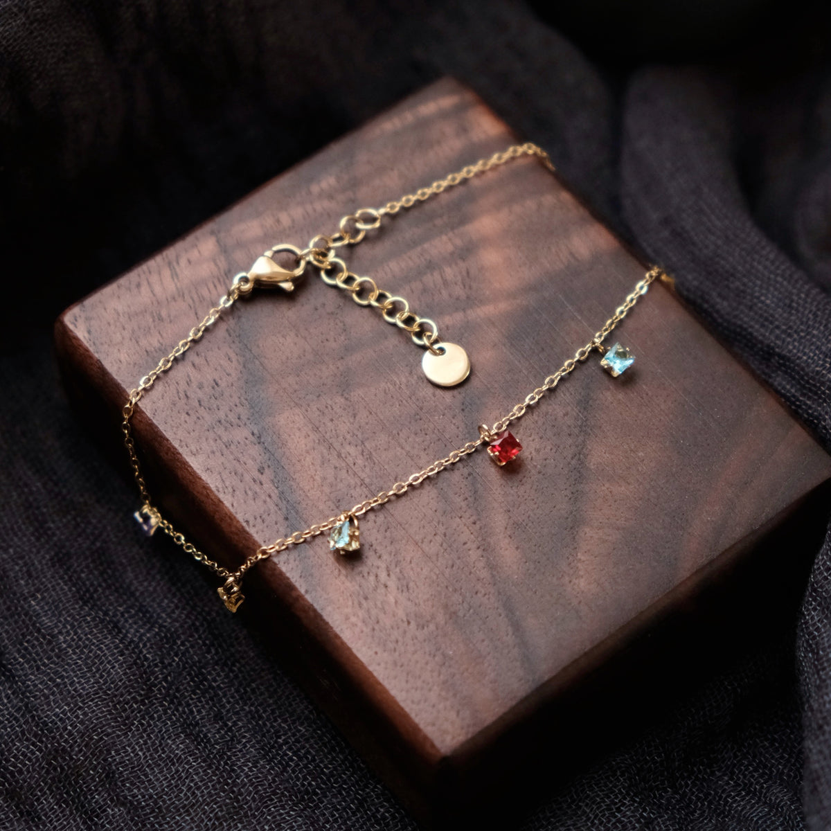 Rainbow CZ Charm Bracelet, Colourful Crystal Drops on Gold Chain