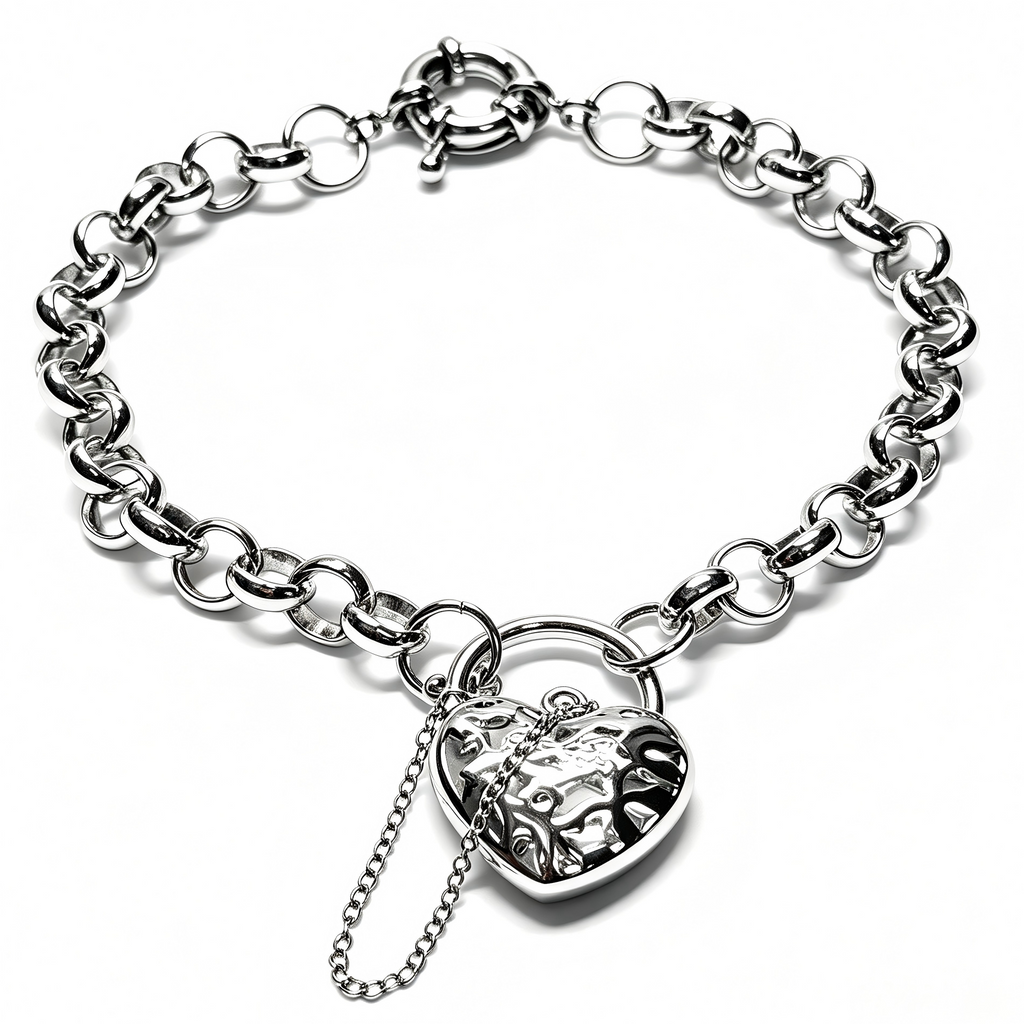 Heart Lock Charm Bracelet, Chunky Belcher Chain, Gold / Silver / Rose Gold