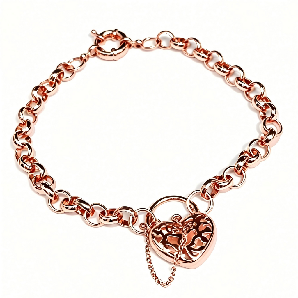 Heart Lock Charm Bracelet, Chunky Belcher Chain, Gold / Silver / Rose Gold